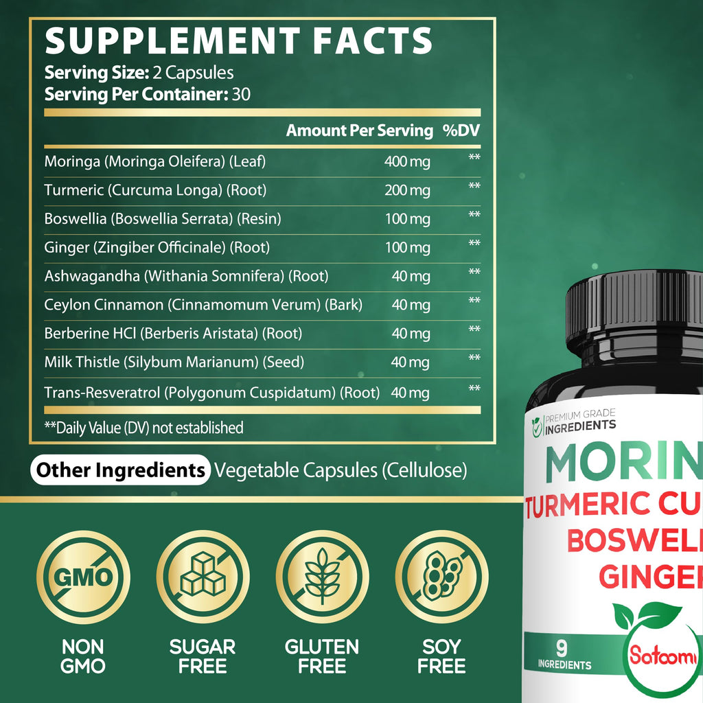 Satoomi 9in1 Moringa Capsules - Featuring Moringa, Turmeric, Boswellia, Ginger, Ashwagandha, Ceylon Cinnamon and Milk Thistle, and Resveratrol | Support Mood, Heart & Overall Health - 60 Count Satoomi buy supplements Au