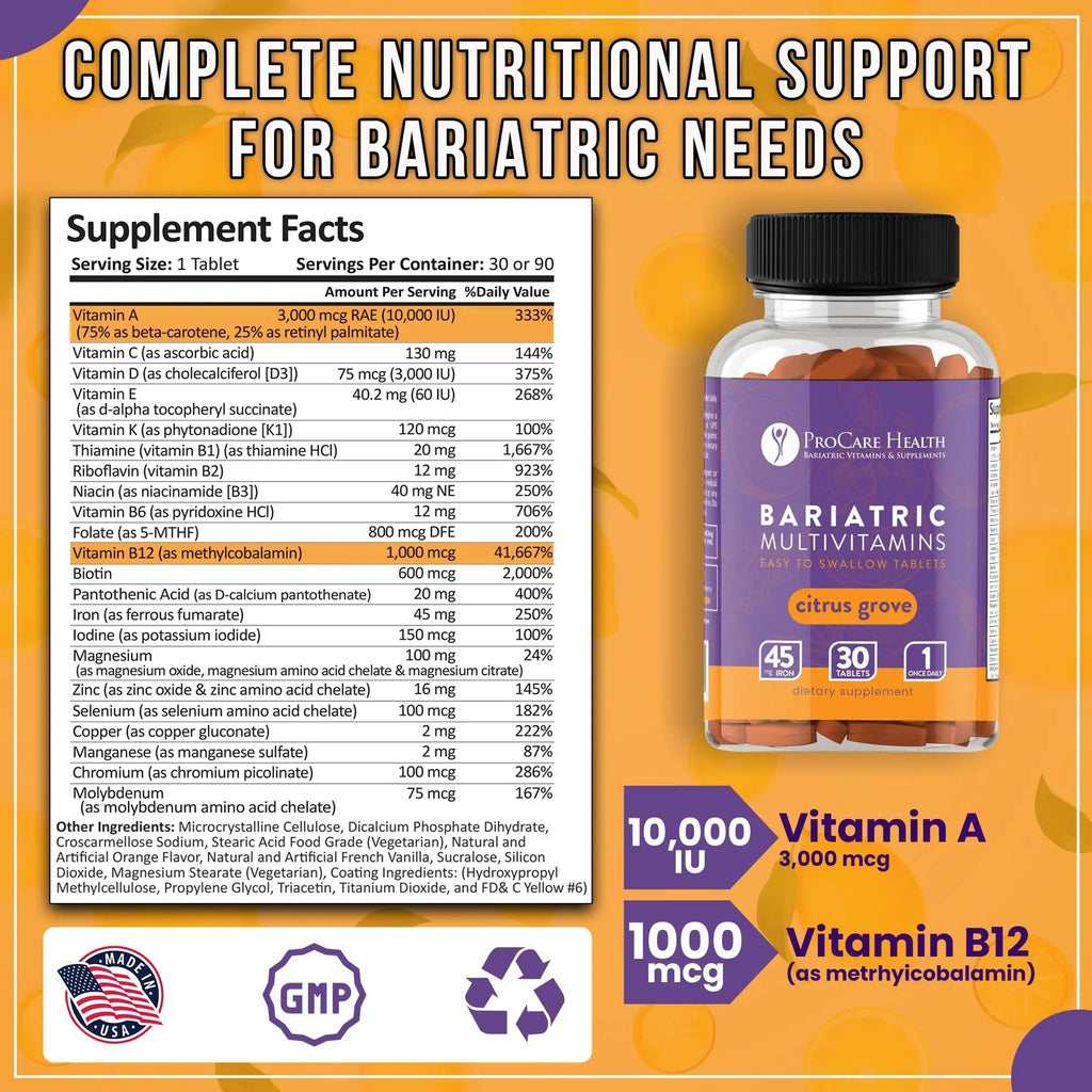Procare Health Bariatric Multivitamin with Iron 45mg Easy to Swallow 30 Tablets - Post Op Bariatric Vitamins for Gastric Bypass Pills ProCare Health
