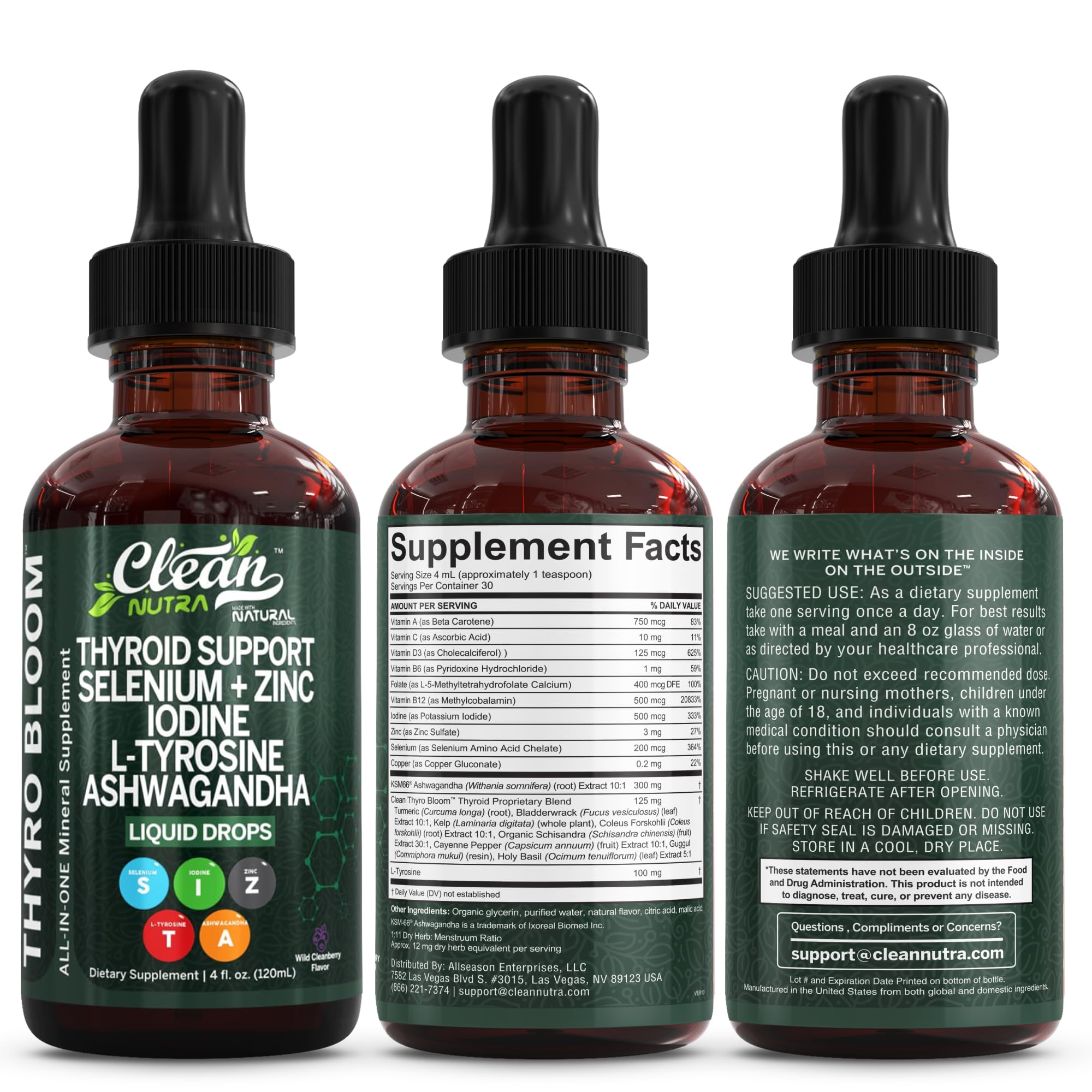 ThyroBloom Thyroid Support for Women Liquid Drops Iodine L-Tyrosine Selenium Copper Ashwagandha Zinc Kelp Bladderwrack Schisandra Guggul Turmeric Vitamin A D3 B12