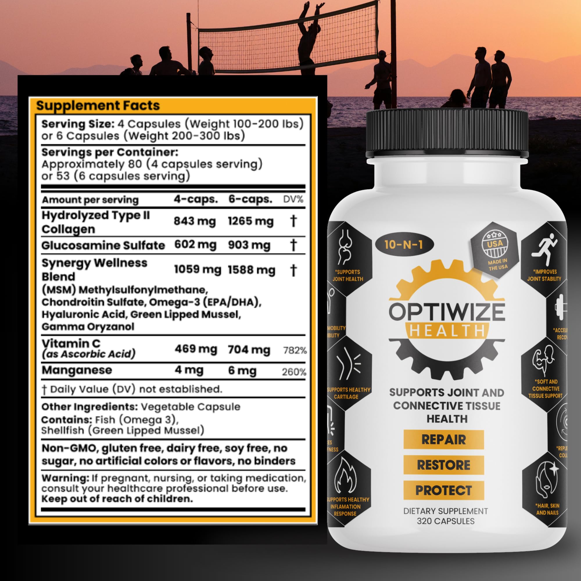 OptiWize 10-N-1 Joint Support Hydrolyzed Collagen,MSM, Hyaluronic Acid, Glucosamine,Chondroitin & More- Targets Joint Discomfort, Improves Mobility & Flexibility 320 Caps for Men & Women Made in USA OptiWizeBuy Supplements Australia