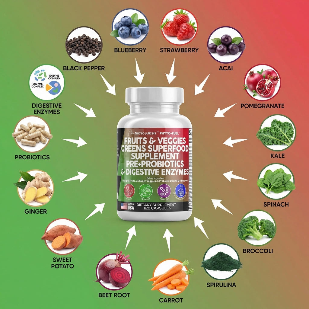 Clean Nutraceuticals Fruits and Veggies Supplement Reds & Green Superfood - Balance of Over 70 Fruit & Vegetable Supplements Capsules with Probiotics Prebiotics