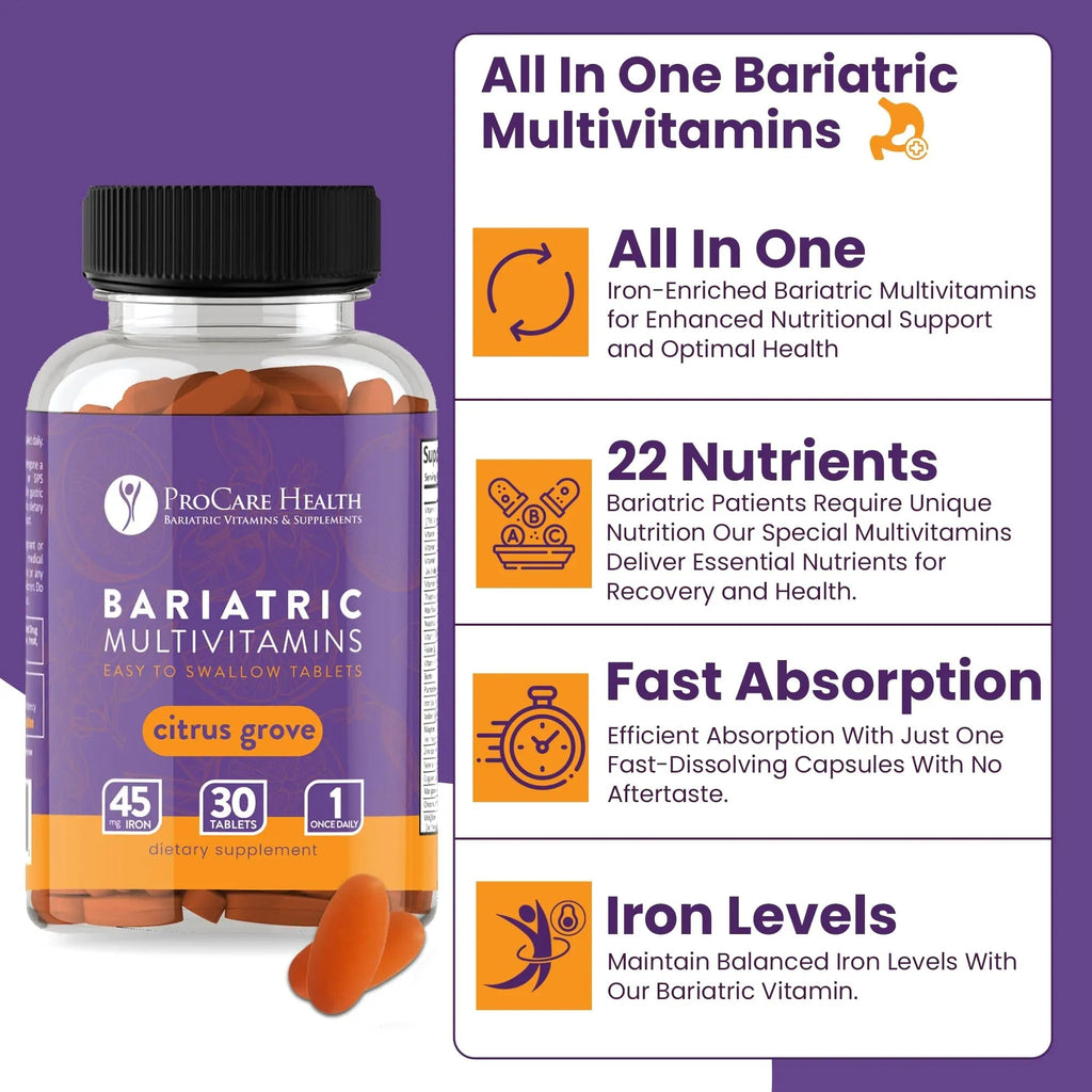 Procare Health Bariatric Multivitamin with Iron 45mg Easy to Swallow 30 Tablets - Post Op Bariatric Vitamins for Gastric Bypass Pills ProCare Health