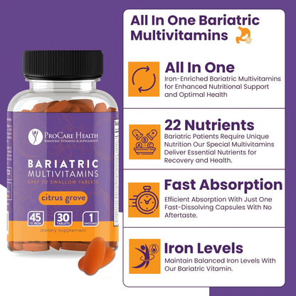 Procare Health Bariatric Multivitamin with Iron 45mg Easy to Swallow 30 Tablets - Post Op Bariatric Vitamins for Gastric Bypass Pills ProCare Health