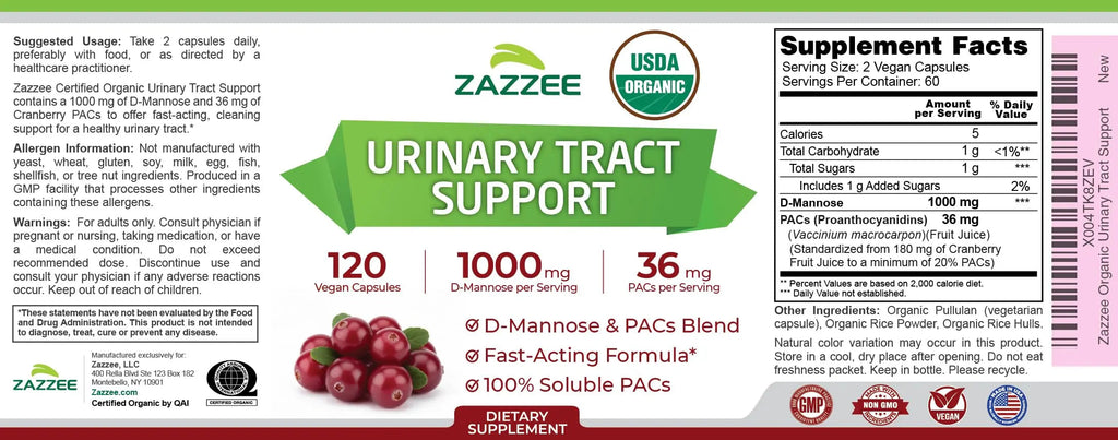 Zazzee USDA Organic Cranberry PACs and D-Mannose, 1000 mg D-Mannose, 36 mg Cranberry PACs, 120 Vegan Capsules, 2 Month Supply, Potent & Fast-Acting, All-Natural Urinary Tract Health Support, Non-GMO ZazzeeBuy Supplements Australia
