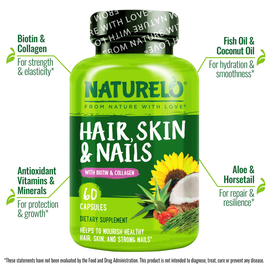 NATURELO Hair, Skin and Nails Vitamins - 5000 mcg Biotin, Collagen, Natural Vitamin E - Supplement for Healthy Skin
