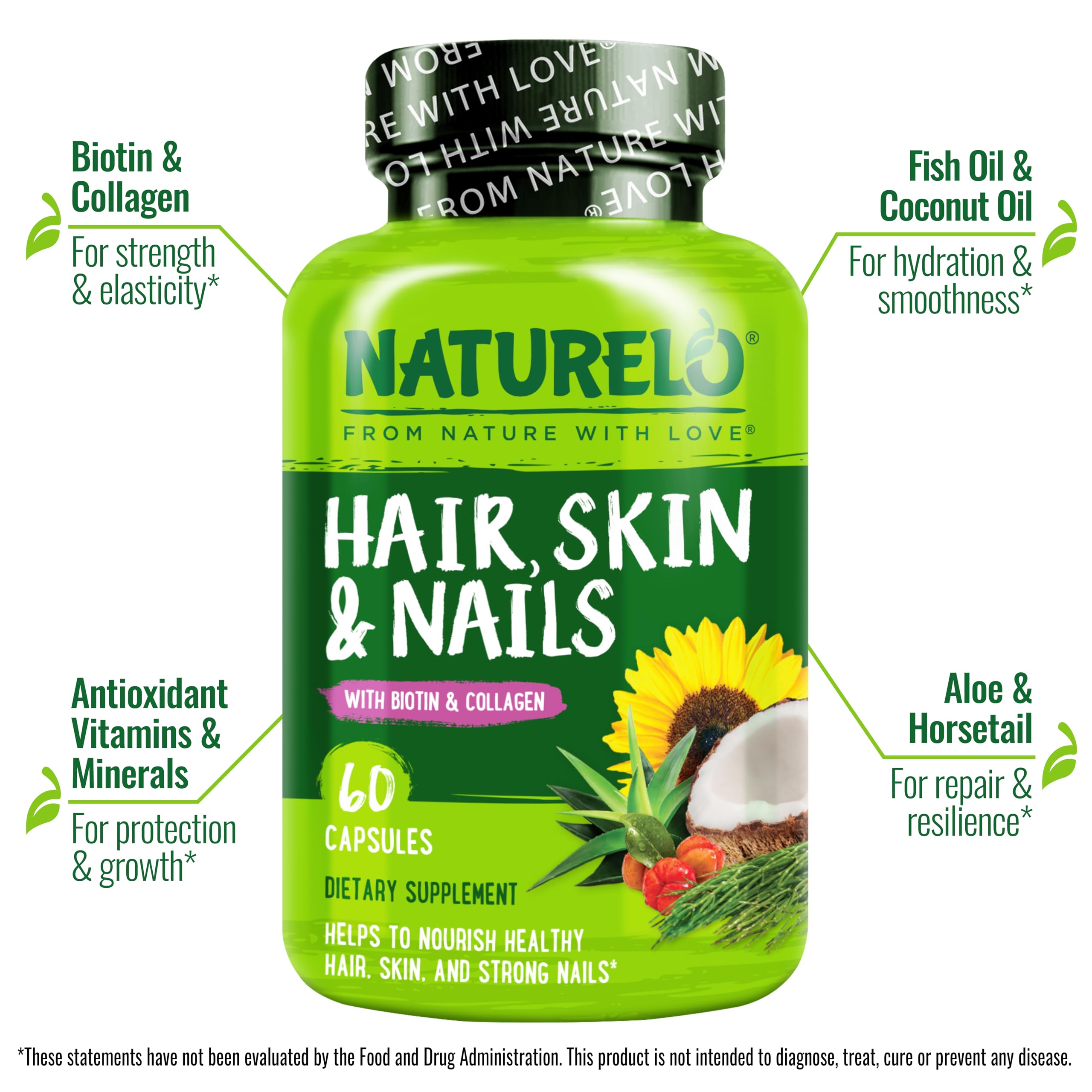 NATURELO Hair, Skin and Nails Vitamins - 5000 mcg Biotin, Collagen, Natural Vitamin E - Supplement for Healthy Skin
