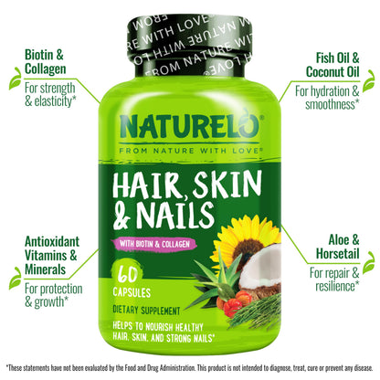NATURELO Hair, Skin and Nails Vitamins - 5000 mcg Biotin, Collagen, Natural Vitamin E - Supplement for Healthy Skin
