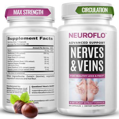 Mizzle Leg Circulation Supplement - Supports Nerves, Veins with 1470mg, 8 in 1 Capsule of Chestnut, Diosmin, Hawthorn for Maximum Relief in Toes, Feet, Ankles, Calves, Legs - Neuroflo MizzleBuy Supplements Australia