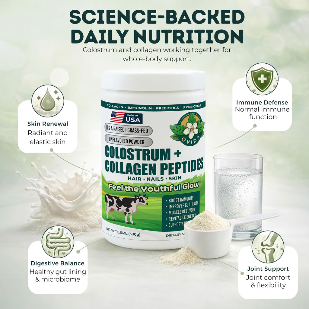 Bovine Colostrum and Hydrolyzed Collagen Peptides Powder Supplement for Women & Men - Supports Gut Health, Joint & Bone Health, Hair Skin Nails - Grass-Fed, Non-GMO, Gluten Free, 300g (30 Servings) OVIDABuy Supplements Australia