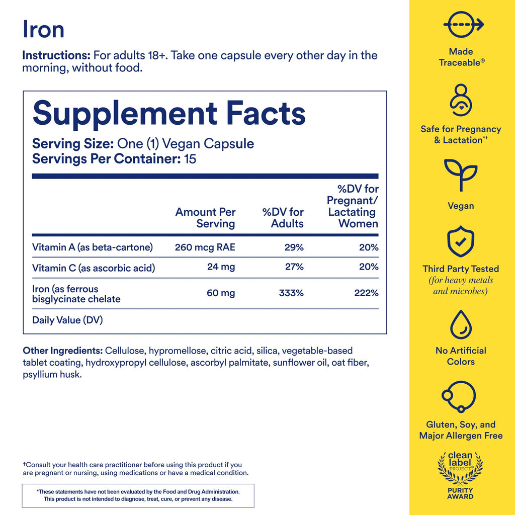 Ritual Iron Bisglycinate Supplement - 60mg - Gentle Support for Women with Low Iron Levels & Blood Boosting** - 48-Hour Dosing Routine - Plus Vitamin A, C