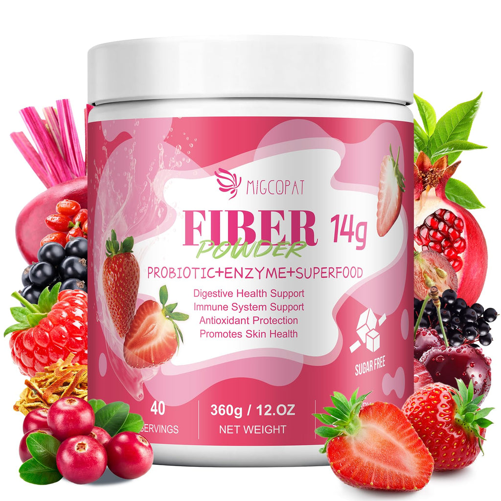 Migcopat Superfood Fiber Powder with Probiotics, Prebiotics, Digestive Enzymes, Vitamin C, Inulin, Magnesium, 14G Fiber Supplement for Digestive Support & Skin Health