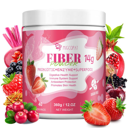 Migcopat Superfood Fiber Powder with Probiotics, Prebiotics, Digestive Enzymes, Vitamin C, Inulin, Magnesium, 14G Fiber Supplement for Digestive Support & Skin Health