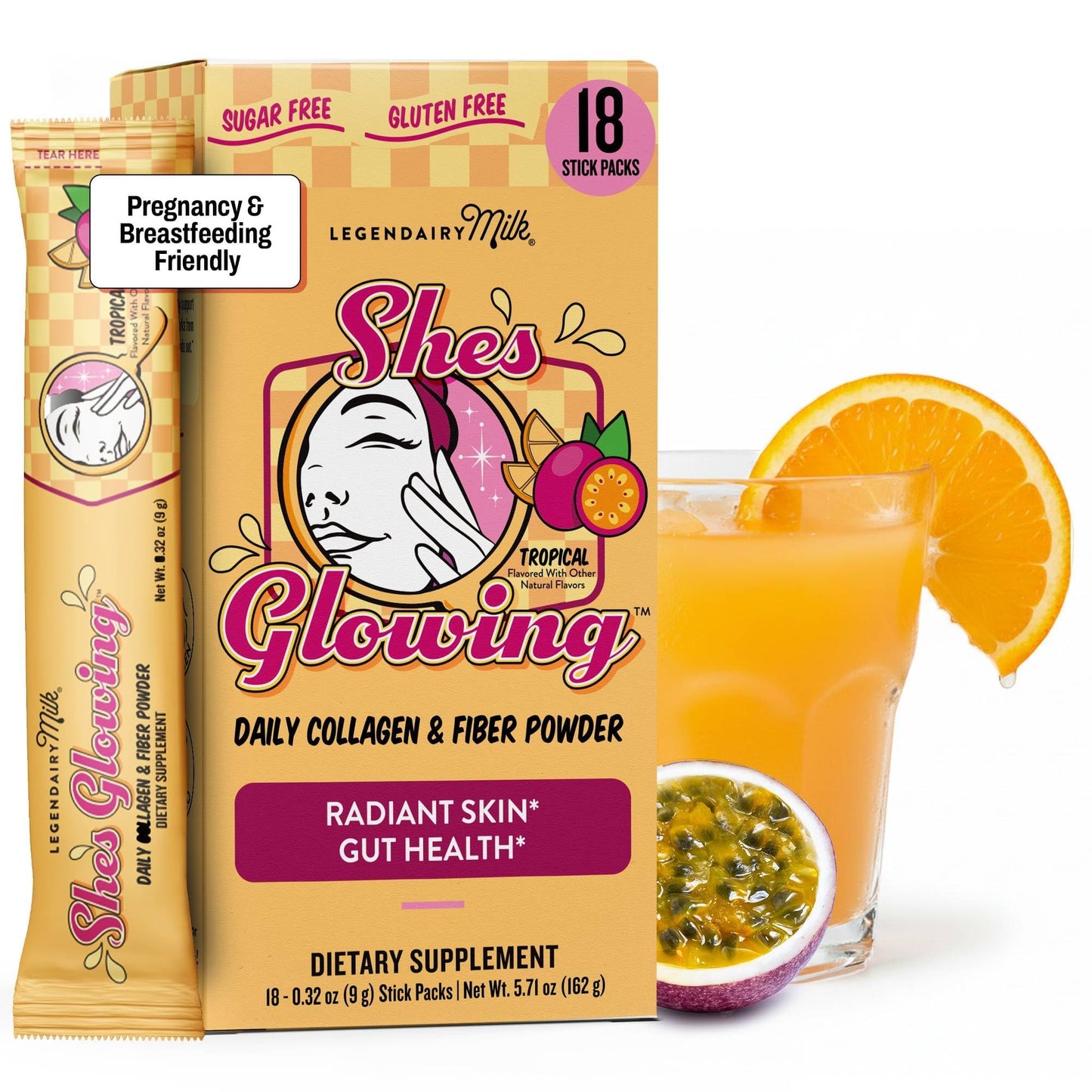 Legendairy Milk She’s Glowing Collagen Peptides Powder with Prebiotic Fiber, Tropical Drink Mix Supplement for Women,