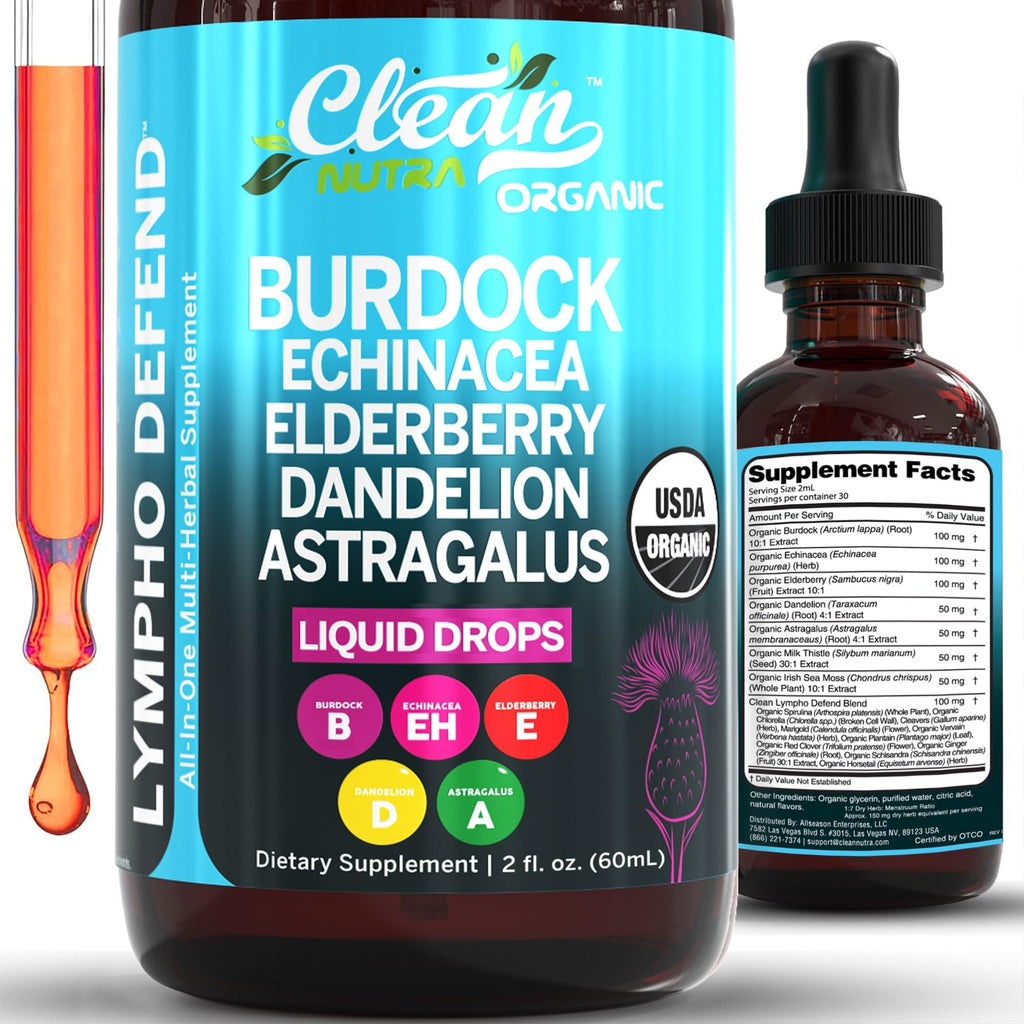 Organic Lymphatic Drainage Supplement | Lymphatic Support Drops | Burdock Root Echinacea Elderberry Dandelion Astragalus Milk Thistle Sea Moss Red Clover Cleanse Marigold Drop By Clean Nutra Clean Nutraceuticals buy supplements Au