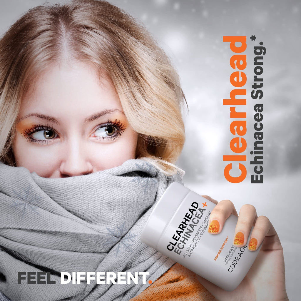 Codeage Clearhead Echinacea+ Supplement - Echinacea, Schisandra, Feverfew, Coptis, American Ginseng, Astragalus, Garlic, Probiotics, Vitamins C & D3, Zinc, Selenium - Clear Head Vitamin - 90 Capsules CodeageBuy Supplements Australia