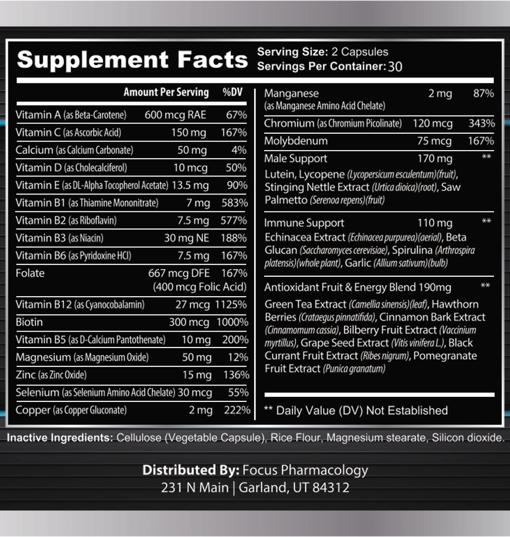 Focus Pharmacology Men's Daily Super Multi-Vitamin for Men - 60 Ct Blend of Vitamins, Minerals, Plus Herbs for Prostate Health and General Energy/Focus Focus PharmacologyBuy Supplements Australia