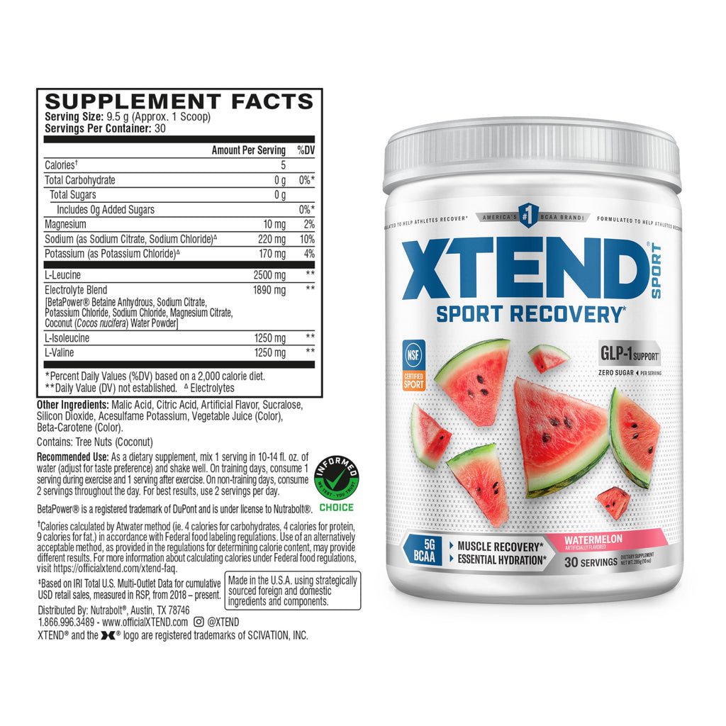 Xtend Sport BCAA Powder Watermelon - Electrolyte Powder for Recovery & Hydration with Amino Acids - 30 Servings