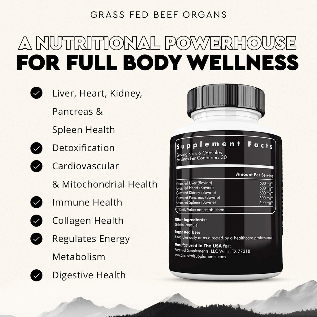 Ancestral Supplements Grass Fed Beef Organ Supplement, Supports Whole Body Wellness with Proprietary Blend of Liver, Heart, Kidney, Pancreas, Spleen, Freeze-Dried Beef, Non-GMO, 180 Capsules Ancestral SupplementsBuy Supplements Australia
