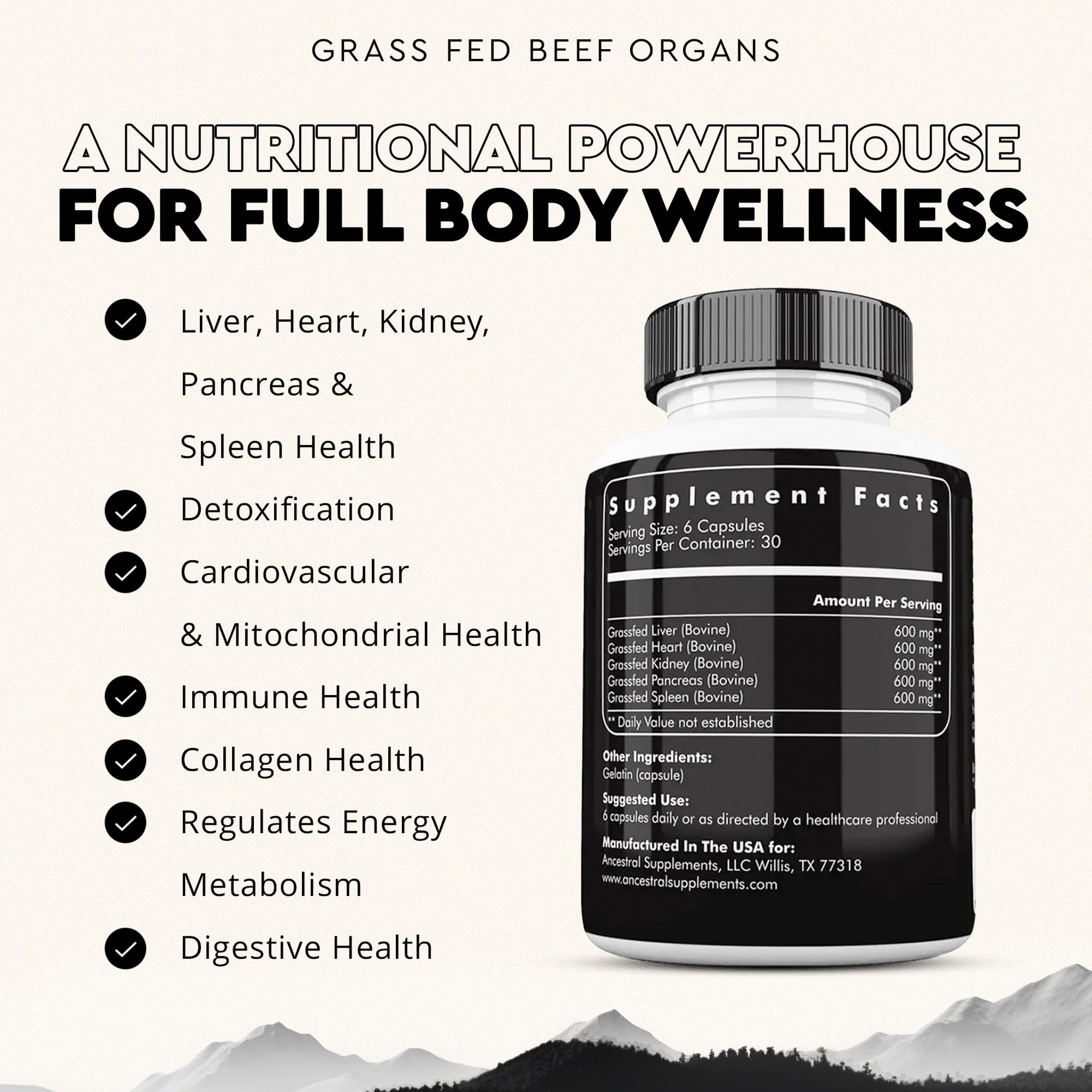 Ancestral Supplements Grass Fed Beef Organ Supplement, Supports Whole Body Wellness with Proprietary Blend of Liver, Heart, Kidney, Pancreas, Spleen, Freeze-Dried Beef, Non-GMO, 180 Capsules Ancestral SupplementsBuy Supplements Australia