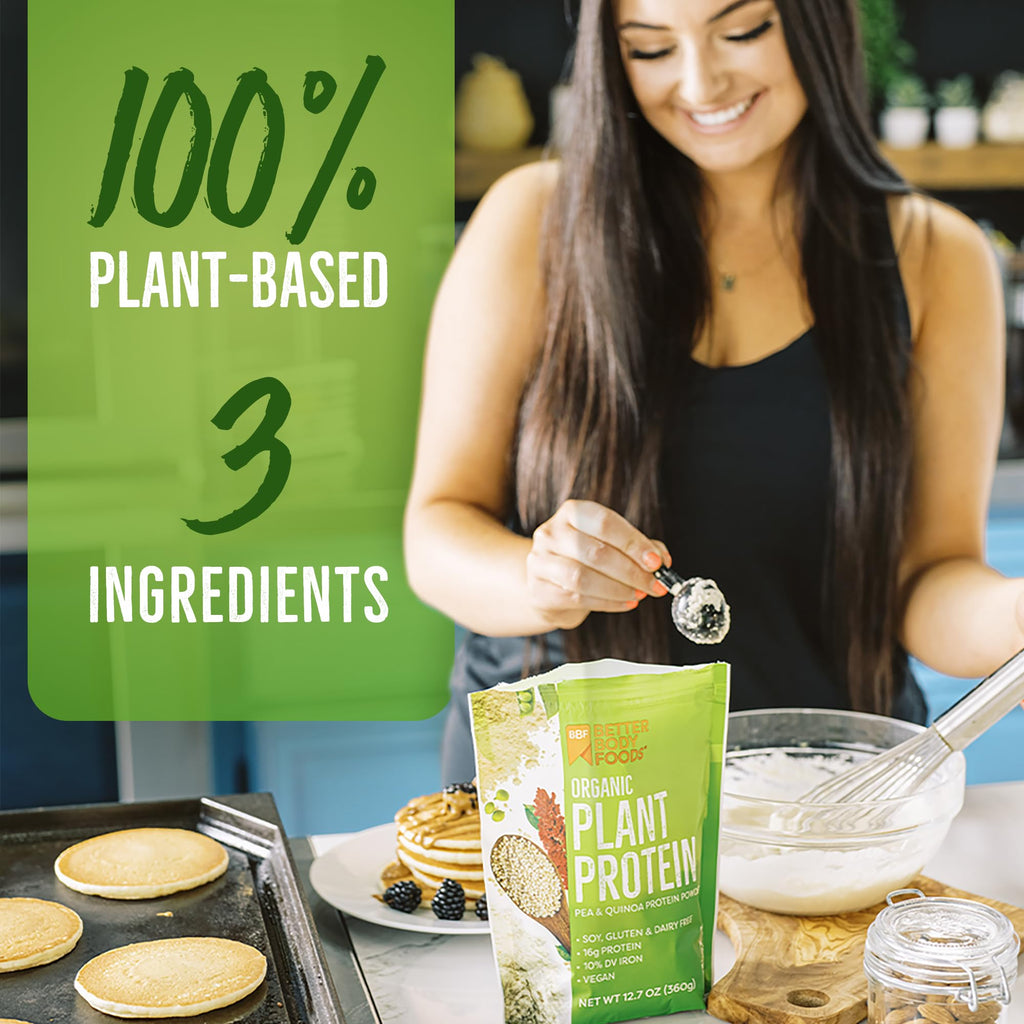 BetterBody Foods Organic Plant Based Protein Powder, 16g of Protein 24% DV, Vegan, Low Net Carbs, Gluten Free, Dairy Free, No Sugar Added, Soy Free, Non-GMO, 12.7 Ounces