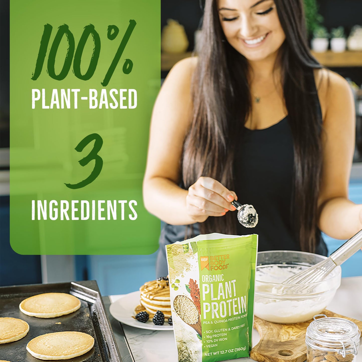 BetterBody Foods Organic Plant Based Protein Powder, 16g of Protein 24% DV, Vegan, Low Net Carbs, Gluten Free, Dairy Free, No Sugar Added, Soy Free, Non-GMO, 12.7 Ounces