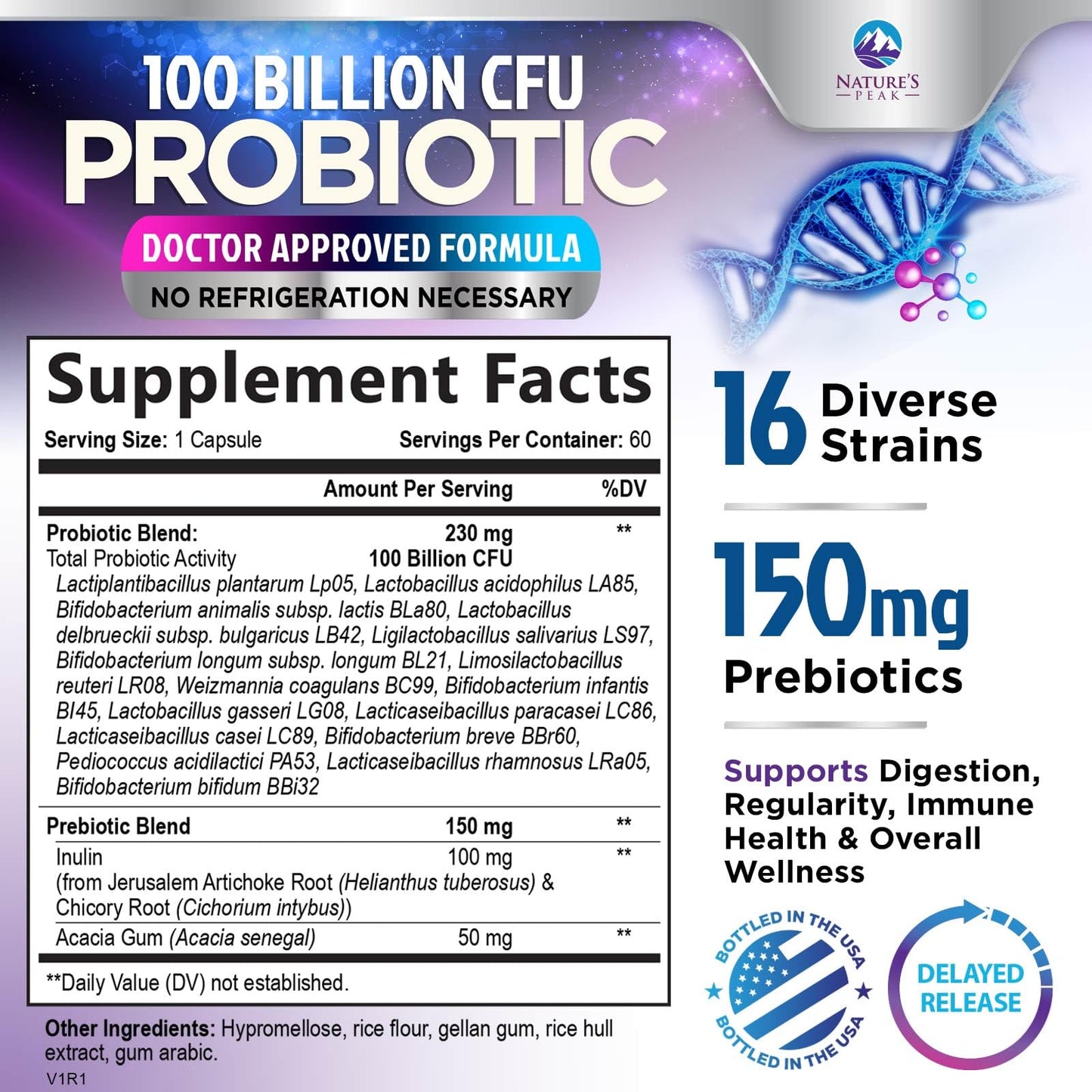 Probiotics for Digestive Gut Health - 100 Billion CFU Per Capsule, 16 Premium Strains & Prebiotics - Best Probiotics for Women & Men, Occasional Constipation