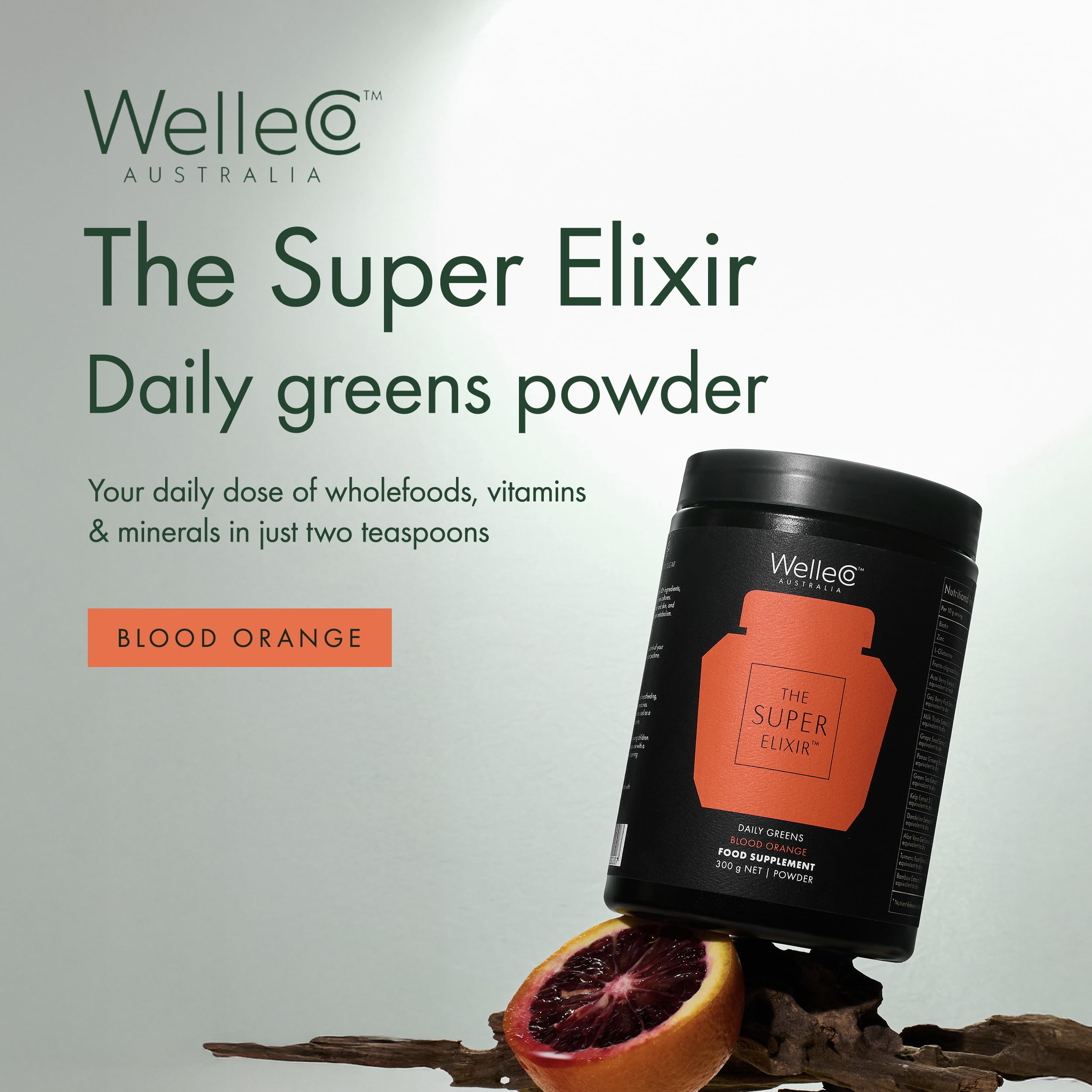 WelleCo The Super Elixir Daily Greens Powder, Probiotic Drink Mix with Whole Foods, Gluten Free, Vegan Gut Health Powder, Energy, Immunity, Healthy Skin, Hair & Nails (Jar, Blood Orange) WelleCo buy supplements Au