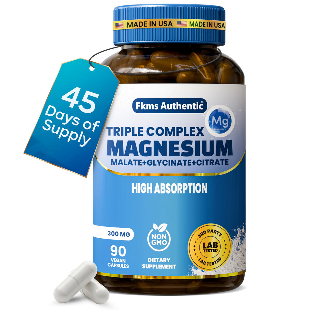 Bottle of Fkms Authentic Triple Complex Magnesium supplement with a '45 Days of Supply' tag on a white background.