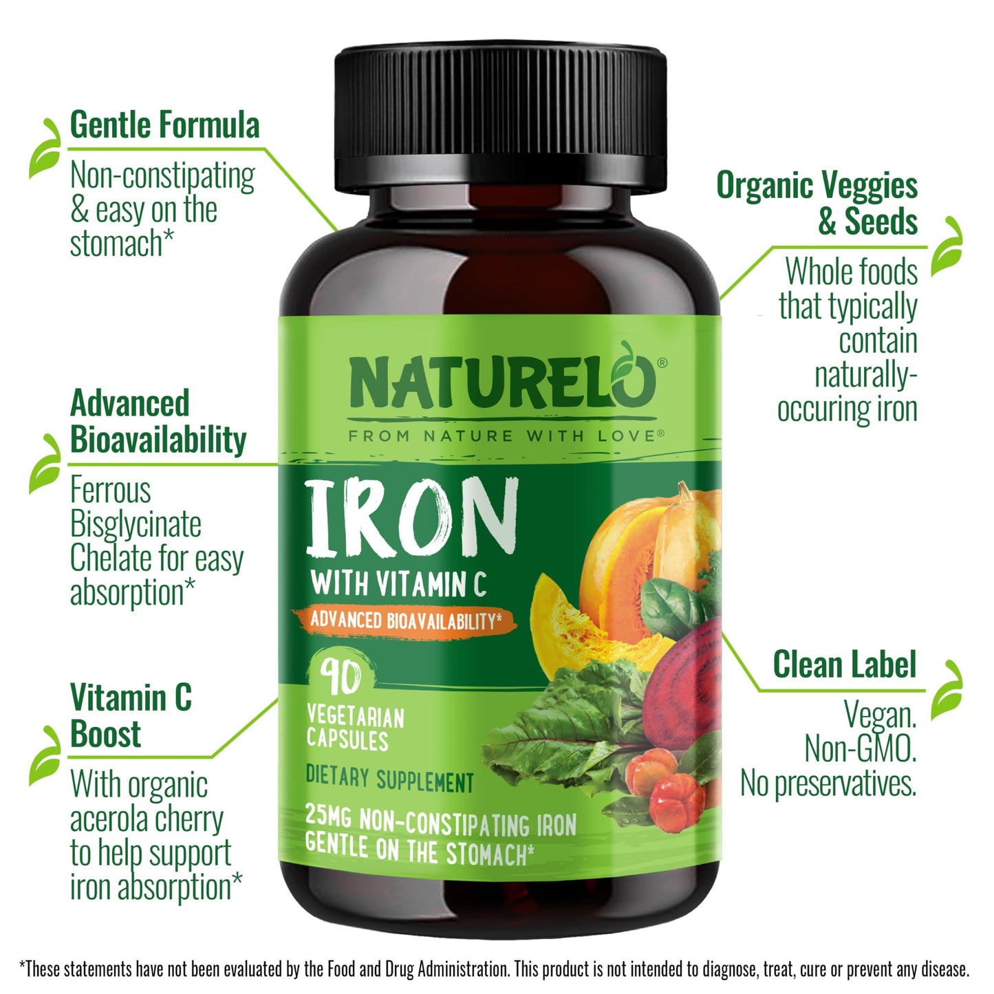 NATURELO Vegan Iron Supplement with Vitamin C and Organic Whole Foods - Gentle Iron Pills for Women & Men with Iron Deficiency Including Pregnancy