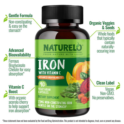 NATURELO Vegan Iron Supplement with Vitamin C and Organic Whole Foods - Gentle Iron Pills for Women & Men with Iron Deficiency Including Pregnancy