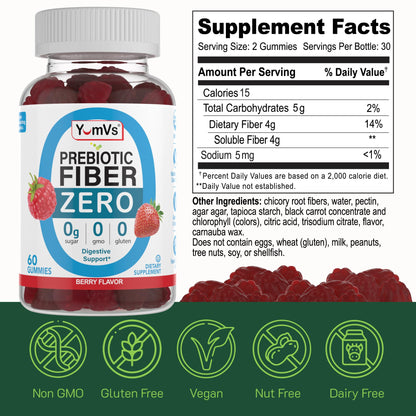 YumVs Sugar Free Prebiotic Fiber Gummies for Adults and Kids - Berry Flavor - Kosher Halal 4g High Fiber Supplement for Women and Men