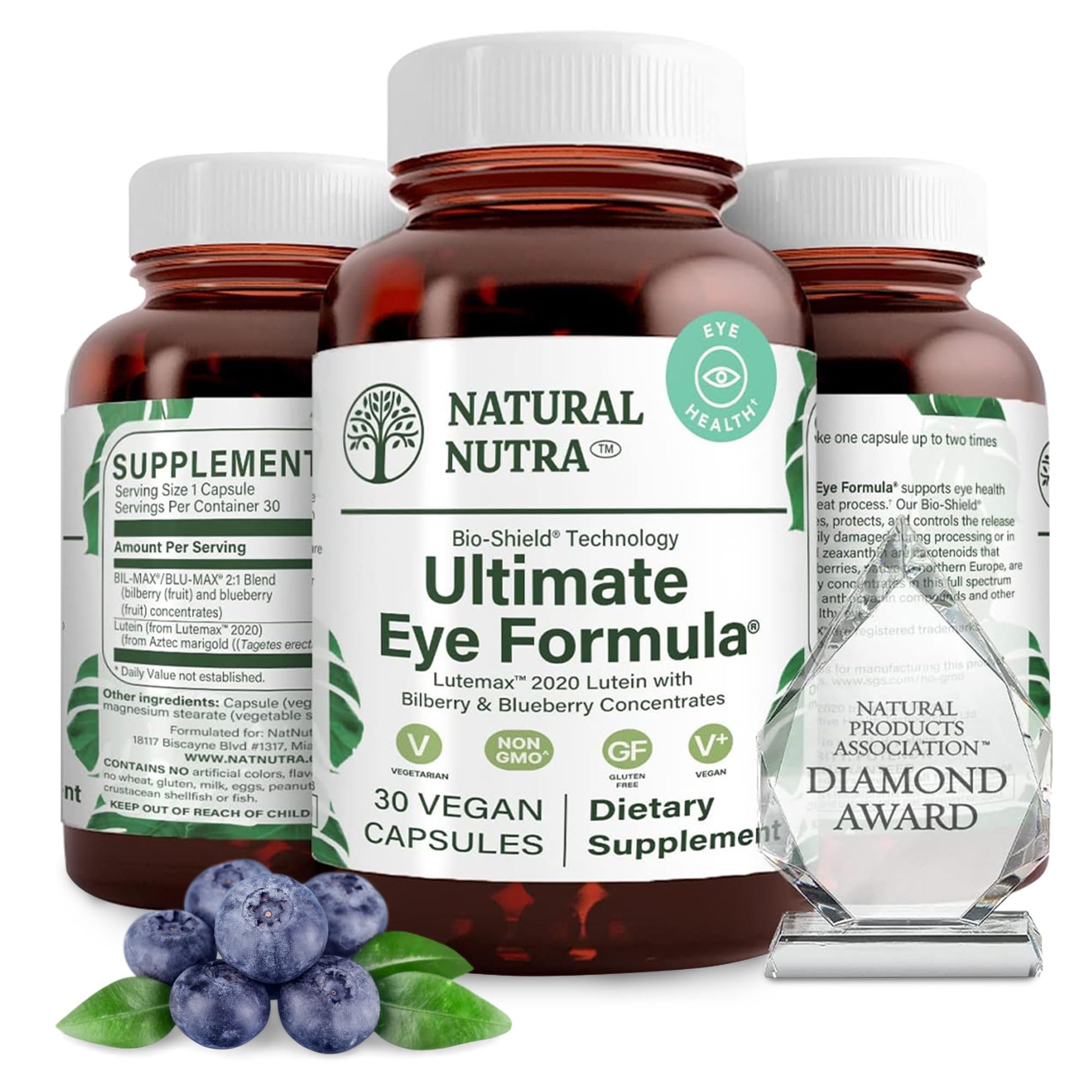 Supplement bottle labeled 'Natural Nutra Ultimate Eye Formula' with blueberries and a diamond award on a white background