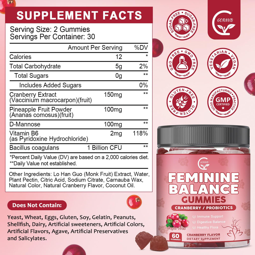GORNVB Premium Feminine Balance Gummies for Women, Support pH Balance & Vaginal Probiotics Health Gummies with Cranberry Pineapple Powder, D-Mannose, Sugar Free, Gluten Free, Vegan GORNVBBuy Supplements Australia