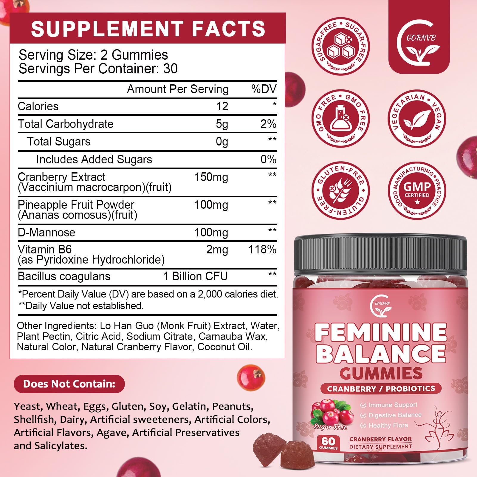 GORNVB Premium Feminine Balance Gummies for Women, Support pH Balance & Vaginal Probiotics Health Gummies with Cranberry Pineapple Powder, D-Mannose, Sugar Free, Gluten Free, Vegan GORNVBBuy Supplements Australia