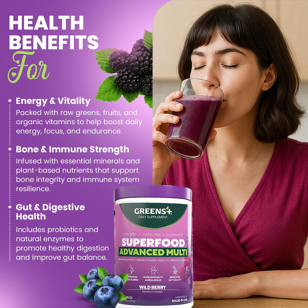Greens+ Advanced Multi Wild Berry Superfood Powder, Organic Blend, Vegan, Non-GMO, Soy-Free, Dairy-Free, Gluten-Free, Dietary Supplement with Vitamins & Minerals, 9.4 oz Greens+ buy supplements Au