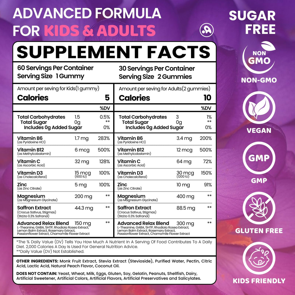 Saffron Gummies for Kids Adults 88.5mg, 15-in-1 Saffron Supplements for Kids, with B6, B12, C, D3, Magnesium Glycinate, Zinc for Nerve, Rest, Focus, Sugar Free, Vegan, Non- GMO, Peach Flavor, 60 Count Aube'AzurBuy Supplements Australia