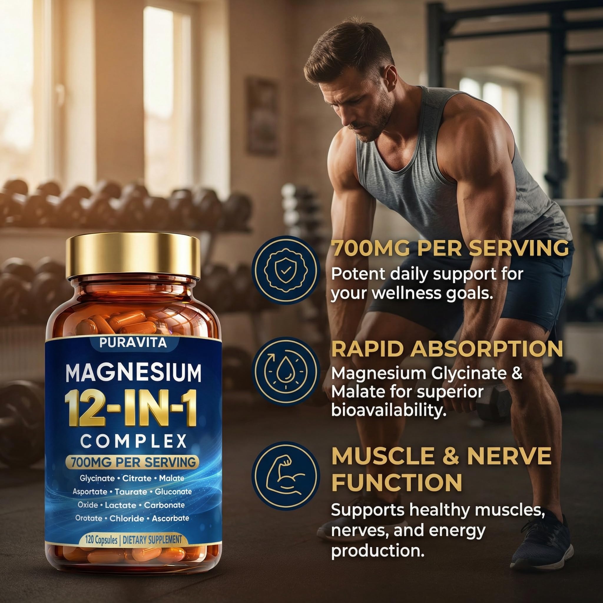 Puravita 12 in 1 Magnesium Complex Capsules - 700mg High Absorption Blend with Glycinate, Citrate, Malate, Oxide & Taurate. Supports Muscle Function, Nerve Health & Relaxation - 120 Capsules (1) PURAVITA buy supplements Au