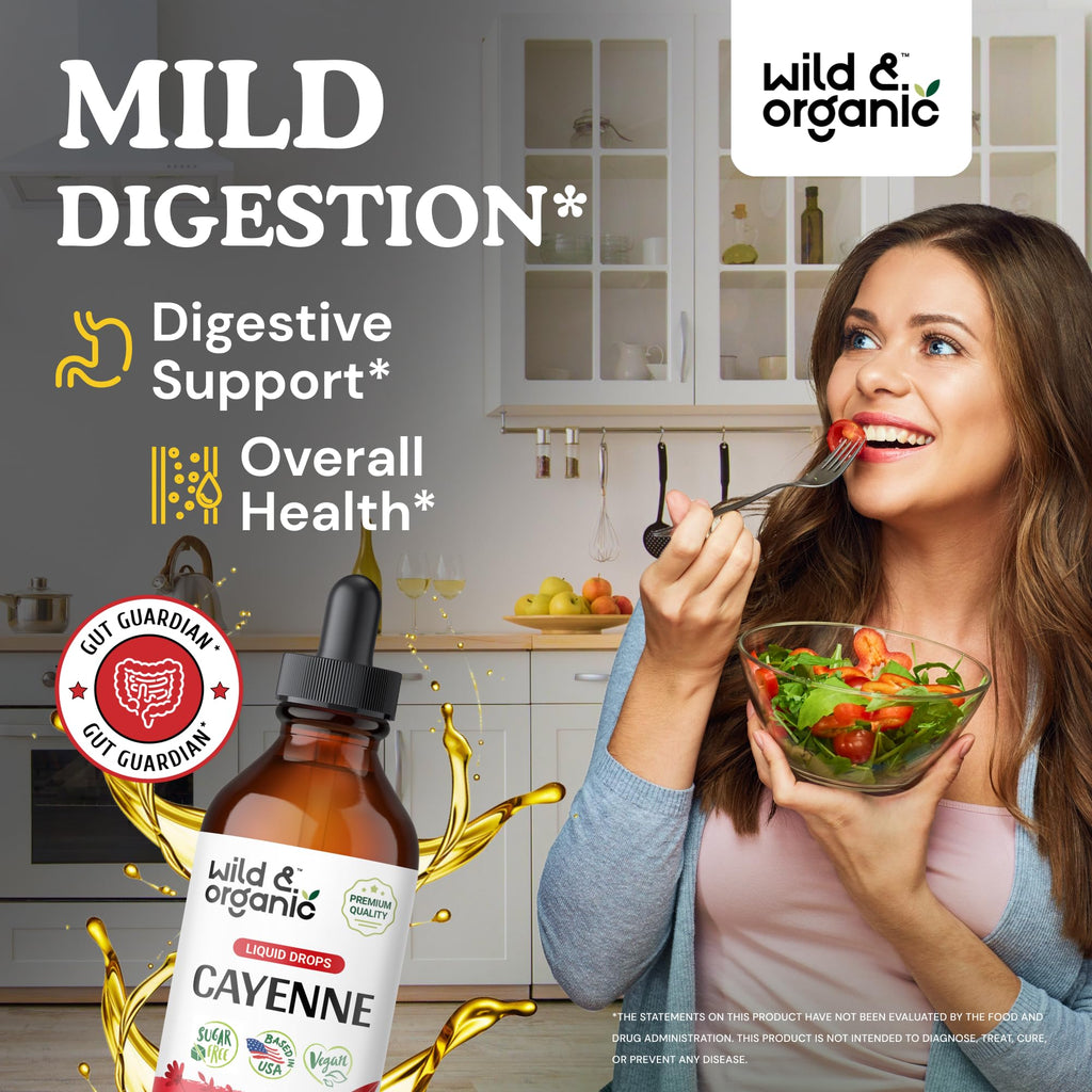 Wild & Organic Cayenne Pepper Tincture - Digestive Support with Capsaicin Extract - Cayenne Pepper Liquid Drops for Overall Well-Being - Unflavored, Vegan, Sugar & Alcohol-Free - 4 fl oz Wild & Organic buy supplements Au
