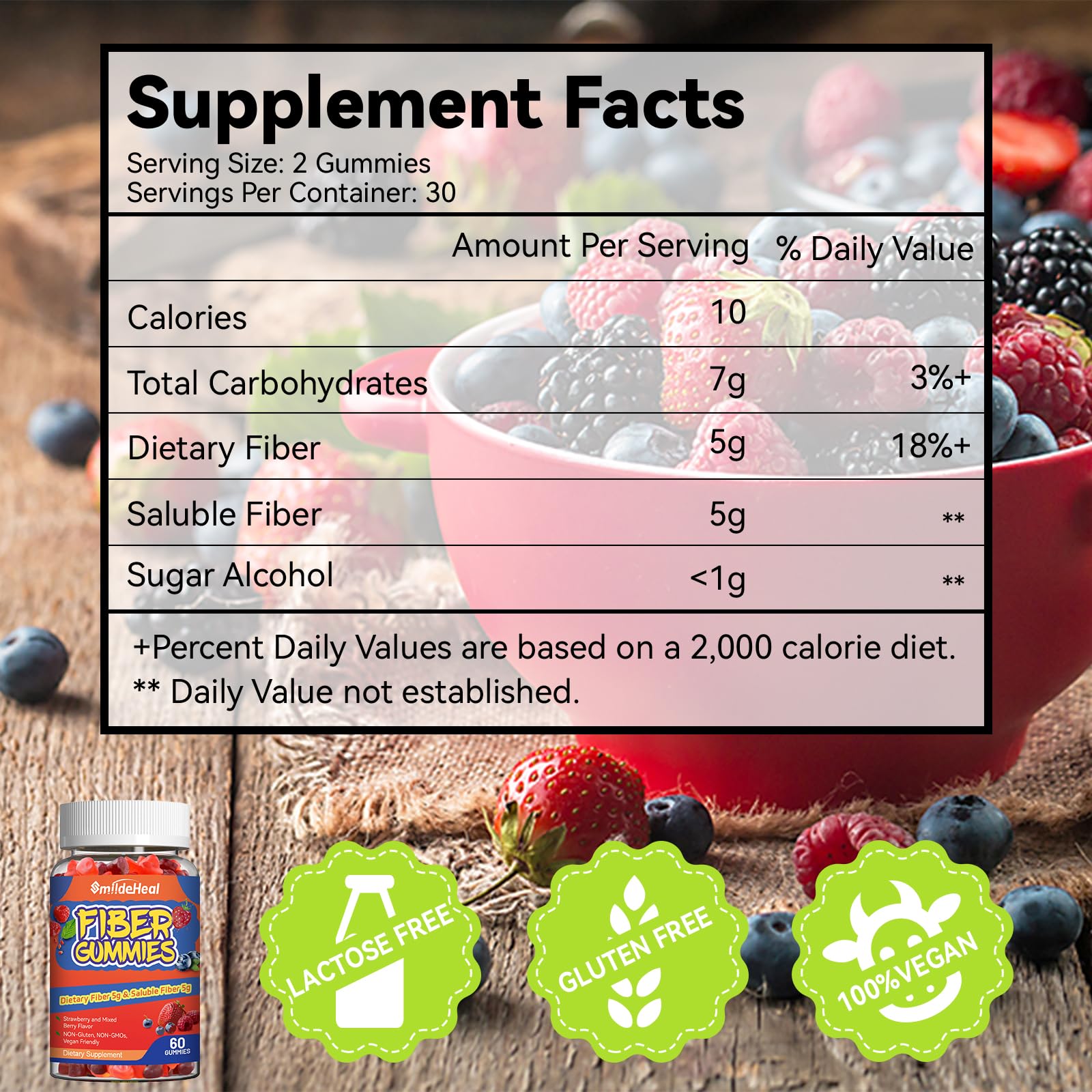 SmildeHeal Fiber Gummies, Dietary Fiber, for Women and Men, Gut Health Support, Non-GMOs, Non-Gluten, Vegan, Mixed Berry and Strawberry Flavor, 60 Count Gummies