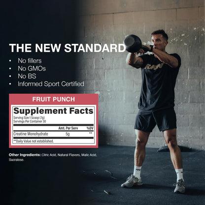 RAW Nutrition Creatine Monohydrate Powder, Fruit Punch (30 Servings) - Micronized Creatine Monohydrate Supplement for Workout Performance, Build Muscle & Strength