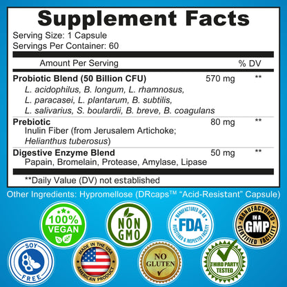Probiotics with Digestive Enzymes and Prebiotic for Women and Men - 3-In-1 Vegan Probiotic Prebiotic Multi Enzyme Complex for Gut Health