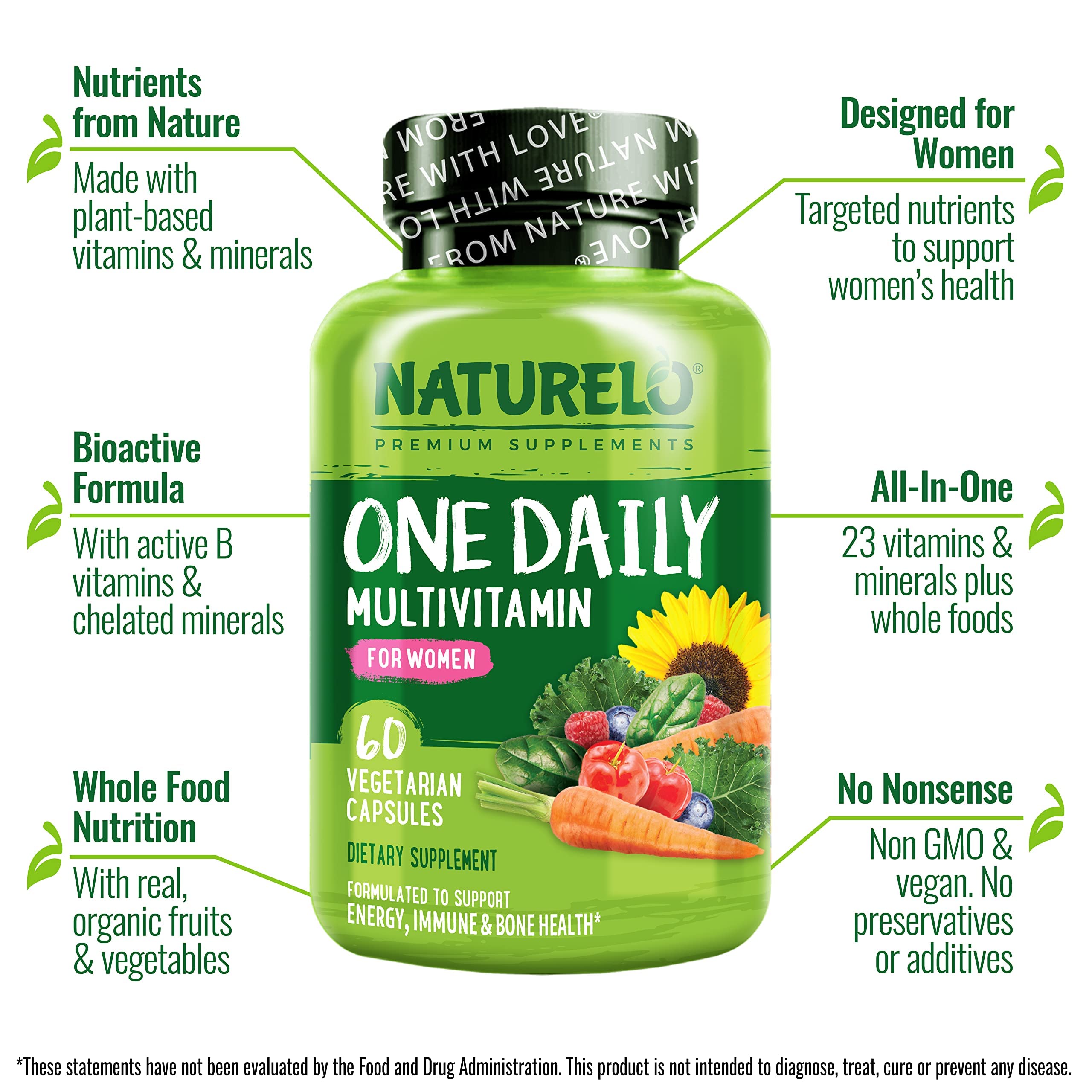 NATURELO One Daily Multivitamin for Women w/Vitamin B12, 60 Ct, Energy Support, Whole Food Daily Women Multivitamin Supplement, Nourish Hair/Skin/Nail, Non-GMO