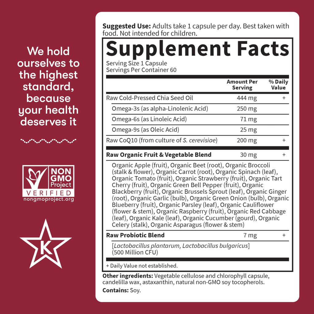 Garden of Life CoQ10 200mg, Vegetarian Omega 3 6 9 Supplement Raw Co Q 10 Chia Seed Oil, Whole Food Nutrition with Antioxidant Support