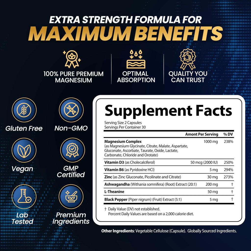 1000mg Magnesium Complex for Women and Men, 12 in 1 Magnesium Supplement with Ashwagandha, Zinc, D3, L-theanine. Easy to Swallow, High Absorption, Sleep Support & Stress Relief (60 Capsules) StrongVit buy supplements Au
