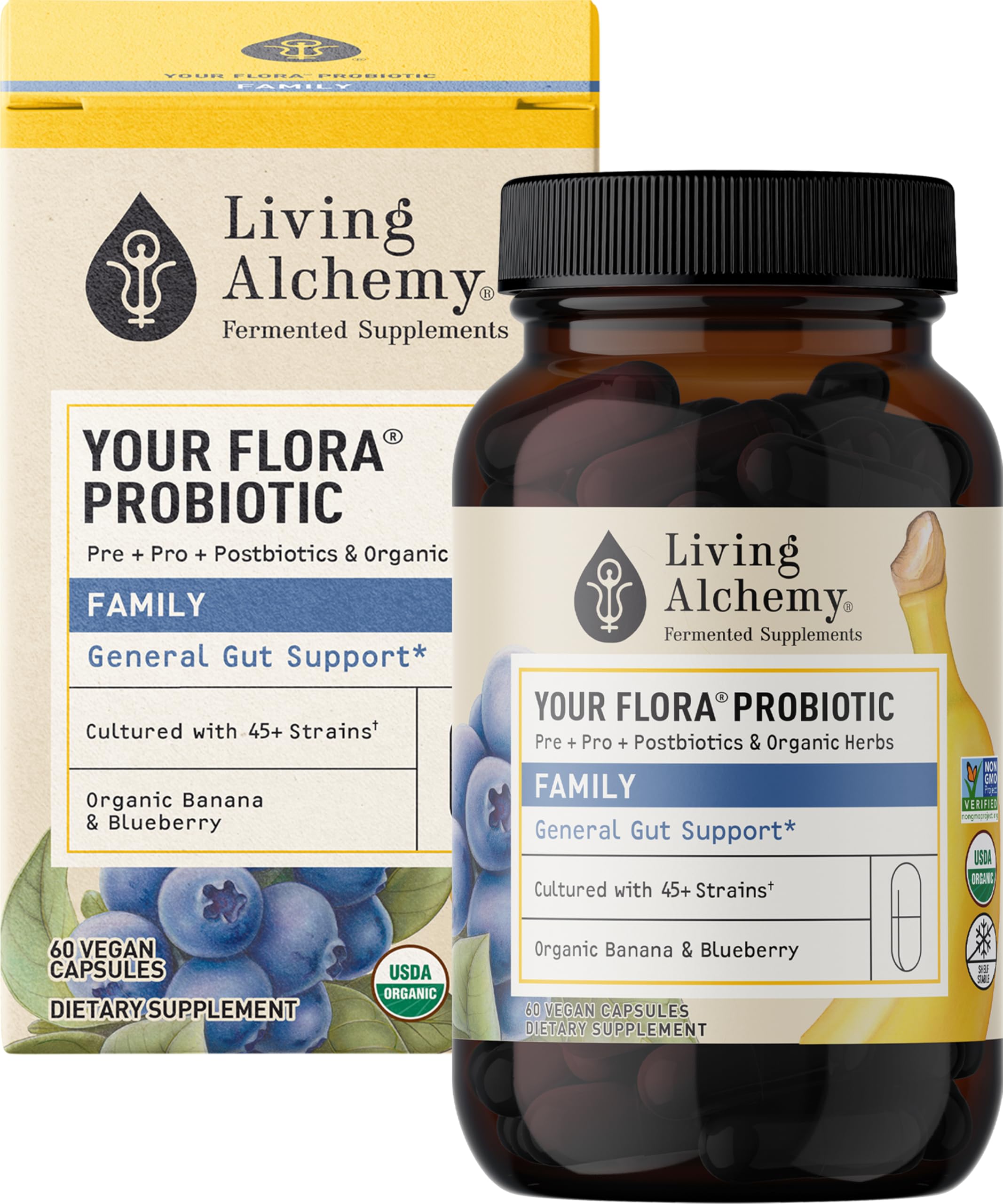 Living Alchemy Your Flora Probiotic supplement bottle and packaging on a white background