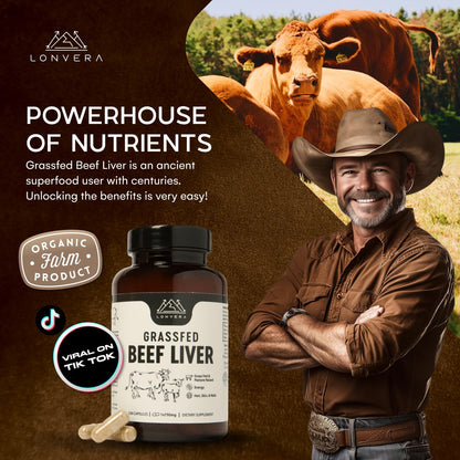 Lonvera Grass Fed Beef Liver Capsules for Women and Men – 3000mg Freeze Dried Desiccated Organs – Nutrient Source for Joints, Bones, Hair, Skin