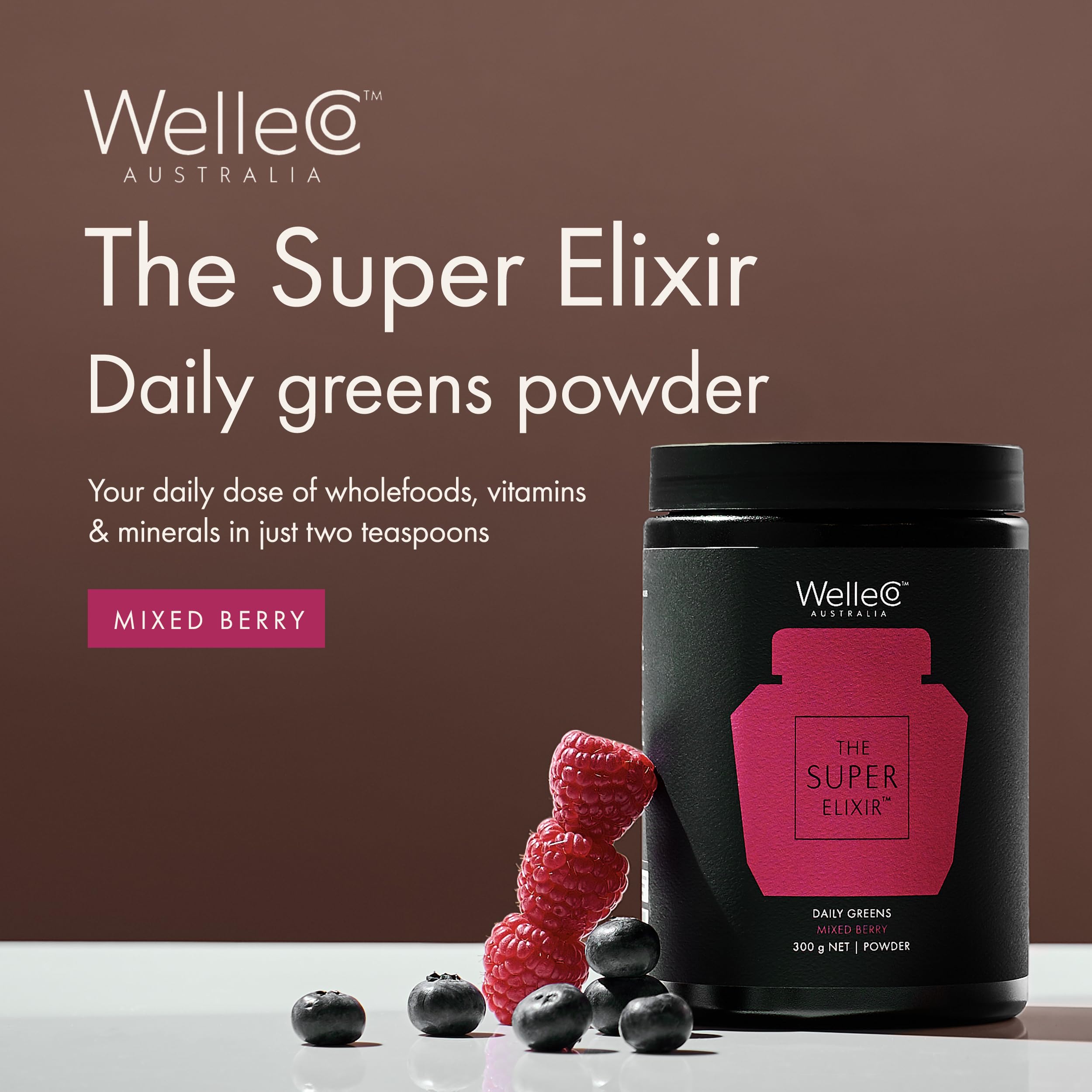 WelleCo The Super Elixir Daily Greens Powder, Probiotic Drink Mix with Whole Foods, Gluten Free, Vegan Gut Health Powder, Energy, Immunity, Healthy Skin, Hair & Nails (300g, Mixed Berry) WelleCoBuy Supplements Australia