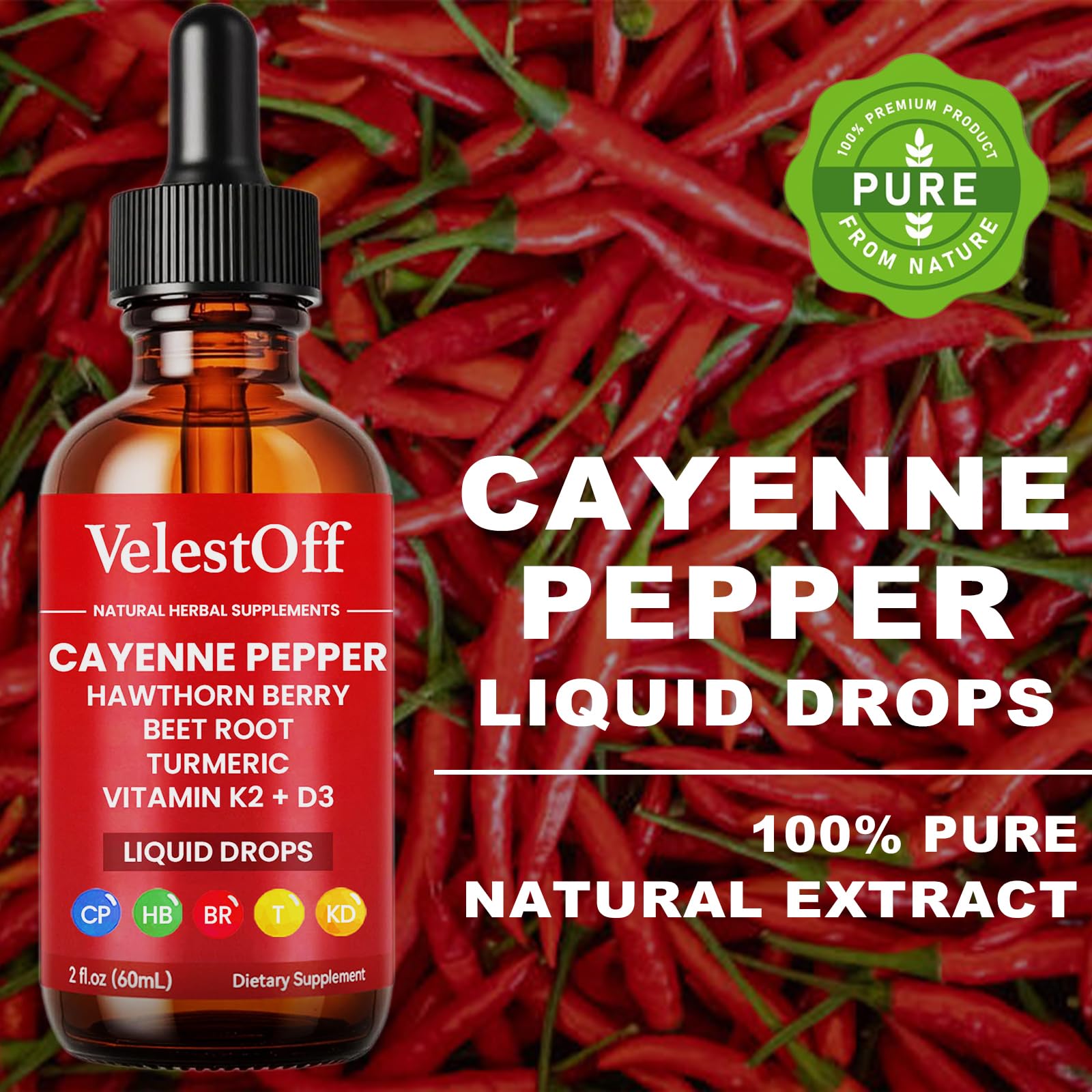 Velestoff Cayenne Pepper Drops, Cayenne Circulation Blend with Hawthorn Beet Root Turmeric Vitamin K2 D3 - Vegan, Non-GMO - 2FL.OZ (1 PCS) Velestoff buy supplements Au