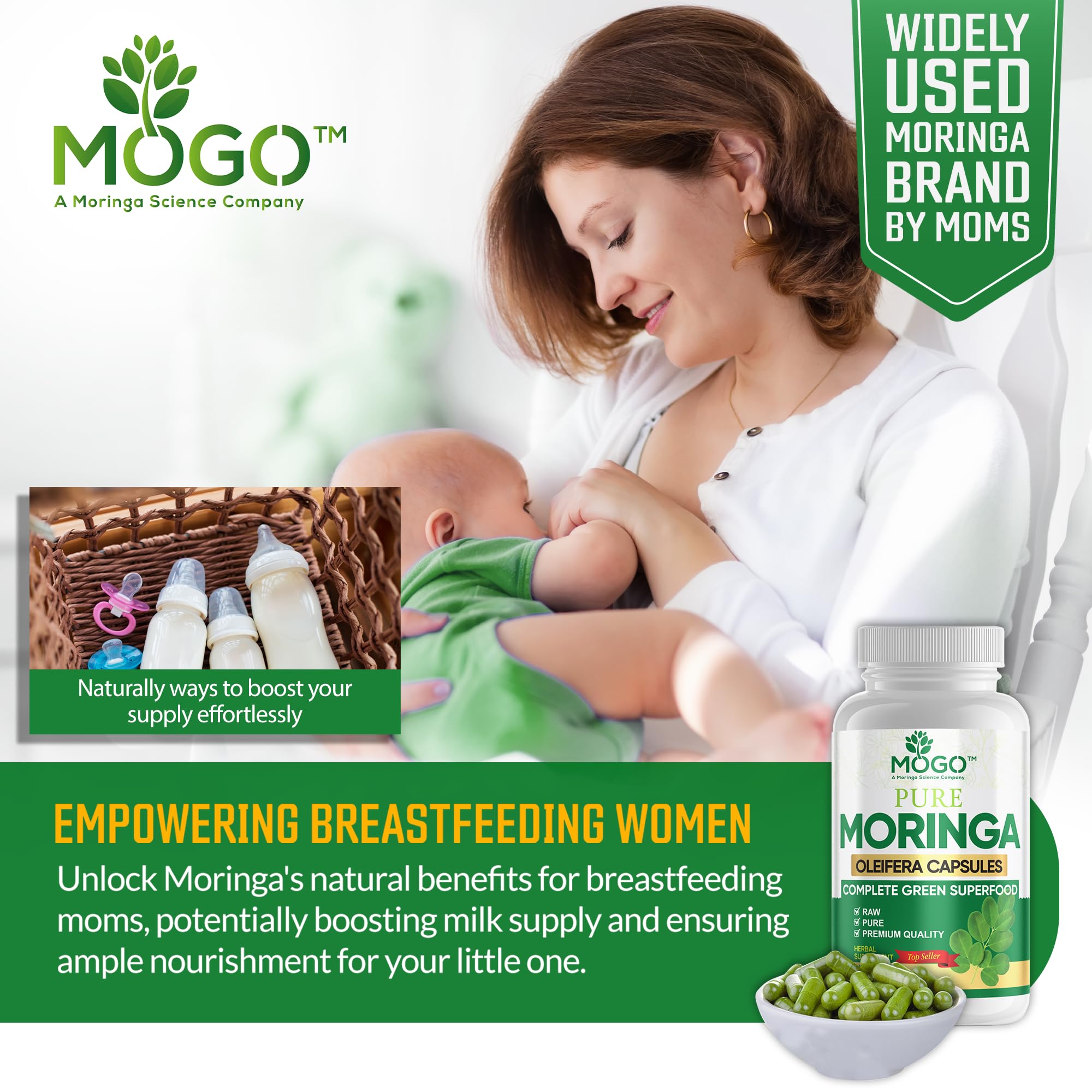 MOGO Moringa Capsules -180 Ct| Boost Energy, Immune, Gut, Joint Support | Made with Pure Organic Moringa Powder Organic Capsules | Made in USA