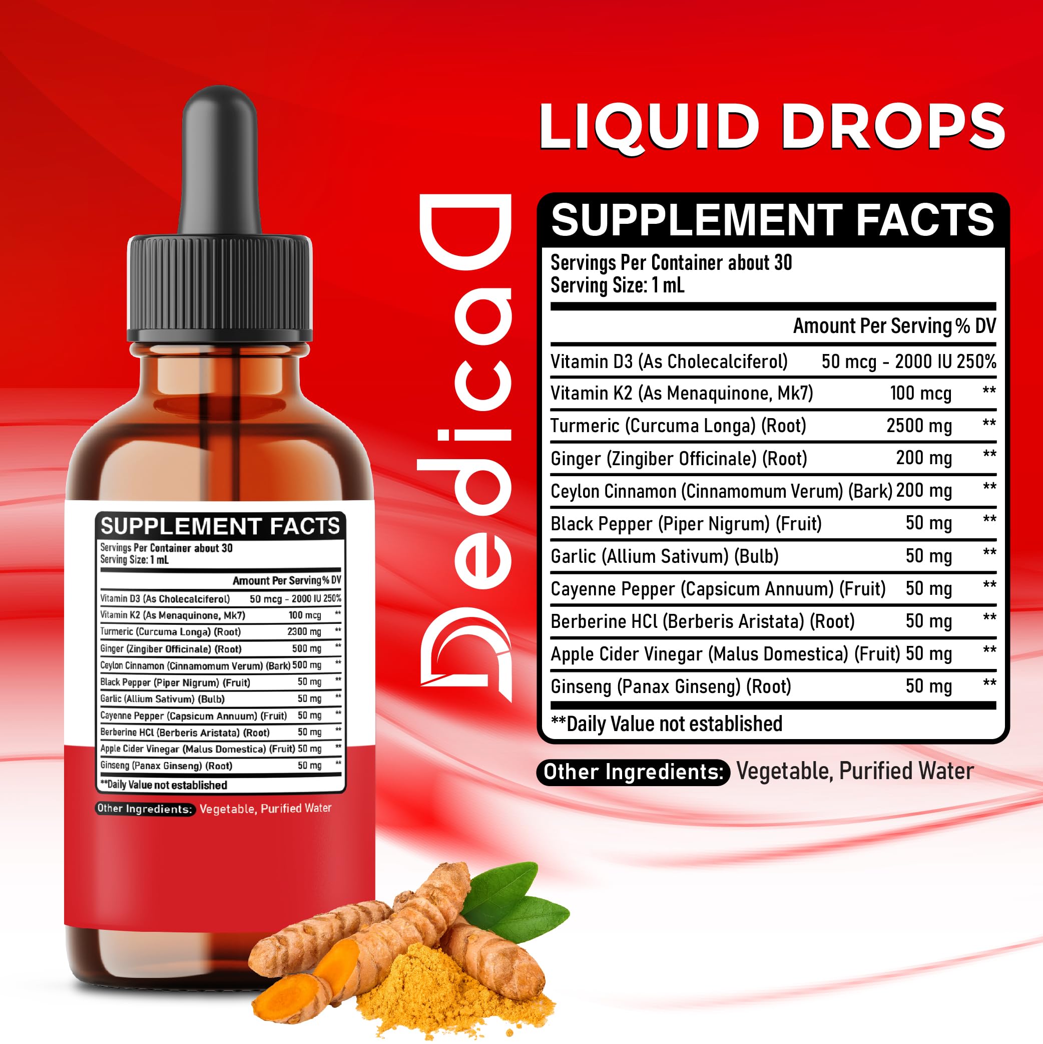 11in1 Turmeric Supplement for Health Heart & Wellness Support – with Ginger, Garlic, Ceylon Cinnamon, Berberine, Ginseng, Apple Cider Vinegar – 30ml Liquid Drops – 60 Servings DEDICAD buy supplements Au